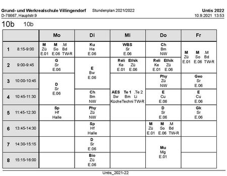 Stundenplan und Materialliste Klasse 10b 2021/22