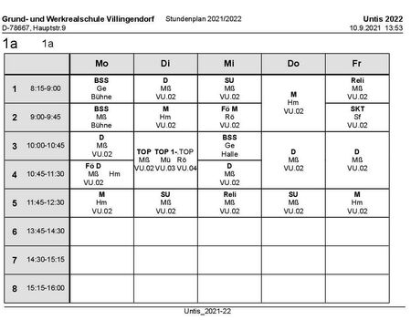 Stundenplan und Materialliste Klasse 1a 2021/22