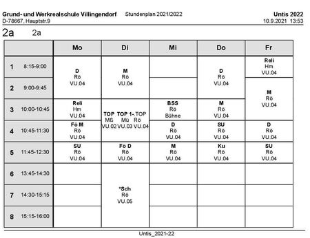 Stundenplan und Materialliste Klasse 2a 2021/22