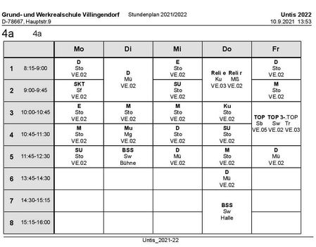 Stundenplan und Materialliste Klasse 4a 2021/22