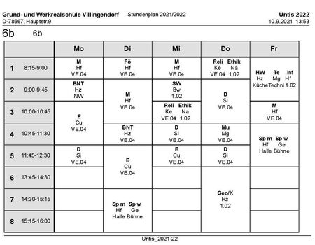 Stundenplan und Materialliste Klasse 6b 2021/22