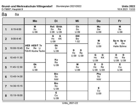 Stundenplan und Materialliste Klasse 8a 2021/22