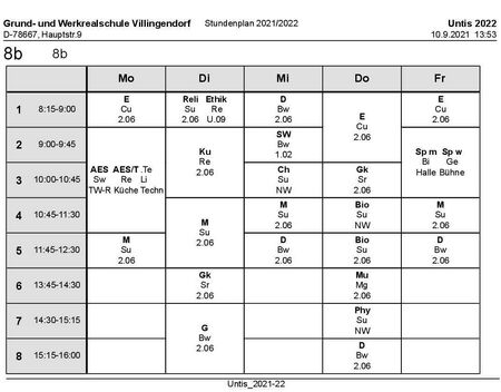 Stundenplan und Materialliste Klasse 8b 2021/22