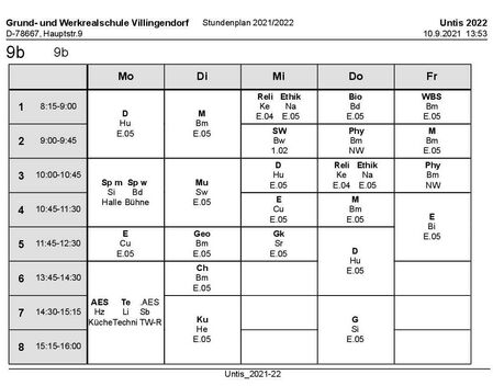 Stundenplan und Materialliste Klasse 9b 2021/22